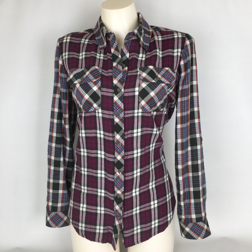 Intro Mixed Plaid Button Down Shirt Top Women’s Size Small Purple 100% Cotton